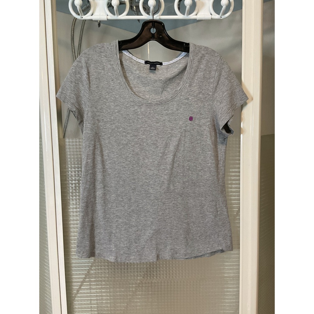 Tommy Hilfiger T-Shirt Womens M Gray Excellent Scoop Neck Logo Tee